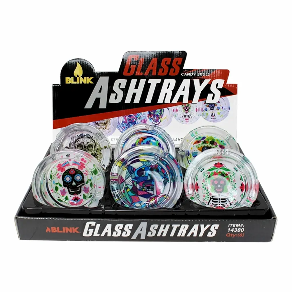 GLASS ASHTRAY 6CT CANDY SKULL EDITION