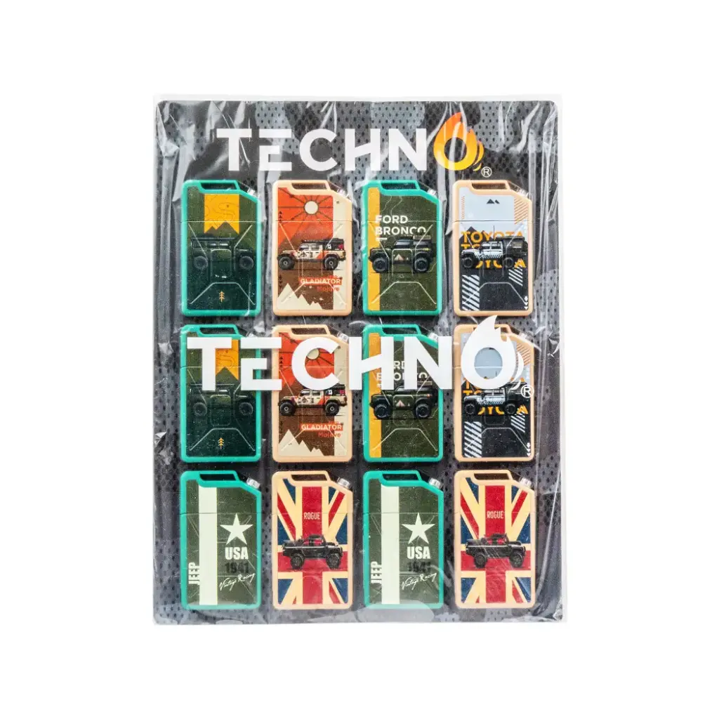 TECHNO FLIP TOP TORCH LIGHTERS 12CT - GAS CAN
